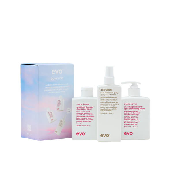 evo down pat: mane tamer šampūnas + kondicionierius + icon welder apsauga nuo karščio