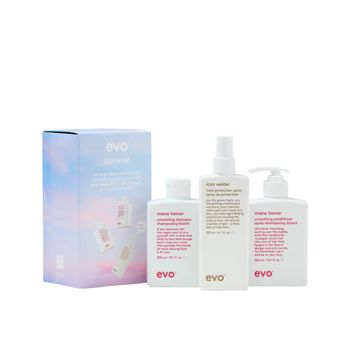 evo down pat: mane tamer šampūnas + kondicionierius + icon welder apsauga nuo karščio
