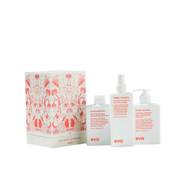 evo good givin' repair: ritual salvation šampūnas + kondicionierius + happy campers fluidas + tote bag